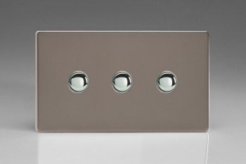 Varilight Flat Plate Screwless Pewter 3-Gang 6A 1-Way Push-to-Make Momentary Switch (Twin Plate)