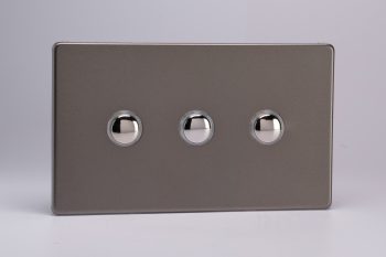 Varilight Flat Plate Screwless Pewter 3-Gang 6A 1-Way Push-to-Make Momentary Switch (Twin Plate)