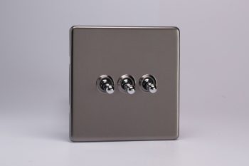 Varilight Flat Plate Screwless Pewter 3-Gang 10A 1- or 2-Way Toggle Switch