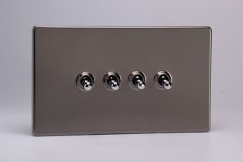 Varilight Flat Plate Screwless Pewter  4-Gang 10A 1- or 2-Way Toggle Switch (Twin Plate)