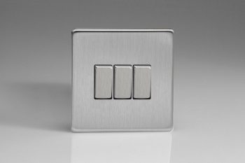 Varilight Flat Plate Screwless Brushed Steel 3-Gang 10A 1- or 2-Way Rocker Switch