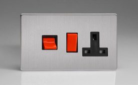 Varilight Flat Plate Screwless Brushed Steel 45A Cooker Panel with 13A Double Pole Switched Socket Outlet (Red Rocker)