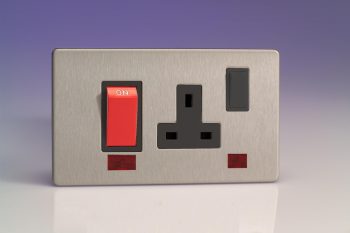 Varilight Flat Plate Screwless Brushed Steel 45A Cooker Panel + Neon with 13A Double Pole Switched Socket Outlet (Red Rocker)