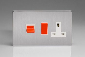 Varilight Flat Plate Screwless Brushed Steel 45A Cooker Panel with 13A Double Pole Switched Socket Outlet (Red Rocker)