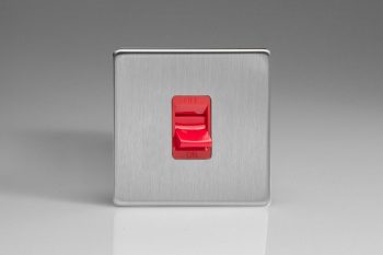 Varilight Flat Plate Screwless Brushed Steel 45A Cooker Switch (Single Plate, Red Rocker)