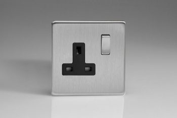 Varilight Flat Plate Screwless Brushed Steel 1-Gang 13A Double Pole Switched Socket with Metal Rockers