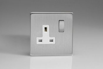 Varilight Flat Plate Screwless Brushed Steel 1-Gang 13A Double Pole Switched Socket with Metal Rockers