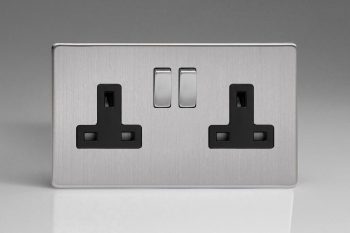 Varilight Flat Plate Screwless Brushed Steel 2-Gang 13A Double Pole Switched Socket with Metal Rockers