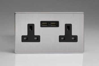 Varilight Flat Plate Screwless Brushed Steel 2-Gang 13A Unswitched Socket + 2 5V DC 2100mA USB Charging Ports