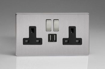 Varilight Flat Plate Screwless Brushed Steel 2-Gang 13A Single Pole Switched Socket with Metal Rockers + 2 5V DC 2100mA USB Charging Ports
