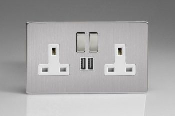 Varilight Flat Plate Screwless Brushed Steel 2-Gang 13A Single Pole Switched Socket with Metal Rockers + 2 5V DC 2100mA USB Charging Ports