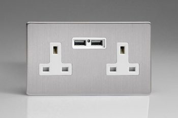 Varilight Flat Plate Screwless Brushed Steel 2-Gang 13A Unswitched Socket + 2 5V DC 2100mA USB Charging Ports