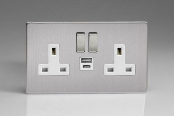 Varilight Flat Plate Screwless Brushed Steel 2-Gang 13A Single Pole Switched Socket with 1x USB A & 1x USB C Charging Ports