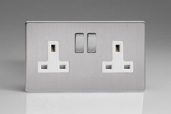 Varilight Flat Plate Screwless Brushed Steel 2-Gang 13A Double Pole Switched Socket with Metal Rockers