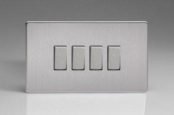 Varilight Flat Plate Screwless Brushed Steel 4-Gang 10A 1- or 2-Way Rocker Switch (Twin Plate)