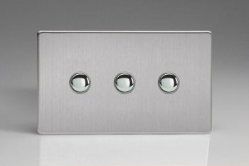 Varilight Flat Plate Screwless Brushed Steel 3-Gang 6A 1-Way Push-to-Make Momentary Switch (Twin Plate)