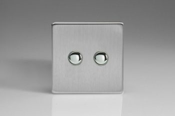 Varilight Flat Plate Screwless Brushed Steel 2-Gang 6A 1- or 2-Way Push-On/Off Impulse Switch