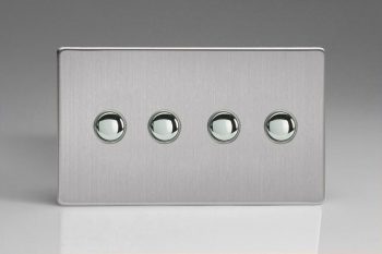 Varilight Flat Plate Screwless Brushed Steel  4-Gang 6A 1- or 2-Way Push-On/Off Impulse Switch (Twin Plate)