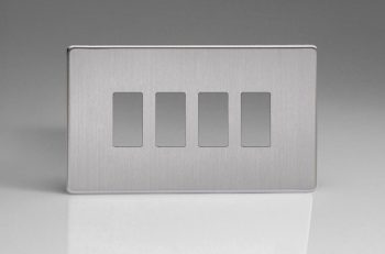 Varilight Brushed Steel 4-Gang Screwless PowerGrid Plate including Yoke (Twin Plate)