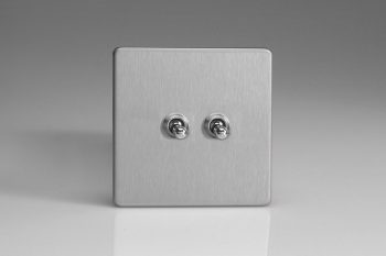 Varilight Flat Plate Screwless Brushed Steel 2-Gang 10A 1- or 2-Way Toggle Switch