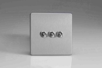 Varilight Flat Plate Screwless Brushed Steel 3-Gang 10A 1- or 2-Way Toggle Switch