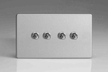 Varilight Flat Plate Screwless Brushed Steel 4-Gang 10A 1- or 2-Way Toggle Switch (Twin Plate)