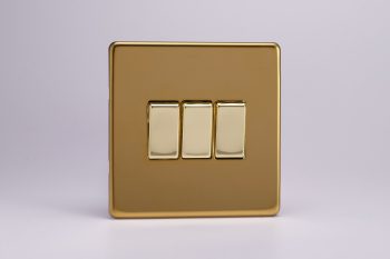 Varilight Flat Plate Screwless Polished Brass 3-Gang 10A 1- or 2-Way Rocker Switch