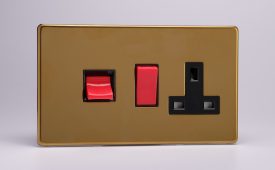 Varilight Flat Plate Screwless Polished Brass 45A Cooker Panel with 13A Double Pole Switched Socket Outlet (Red Rocker)