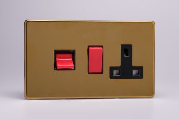 Varilight Flat Plate Screwless Polished Brass 45A Cooker Panel with 13A Double Pole Switched Socket Outlet (Red Rocker)