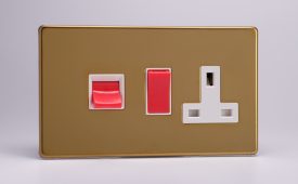 Varilight Flat Plate Screwless Polished Brass 45A Cooker Panel with 13A Double Pole Switched Socket Outlet (Red Rocker)