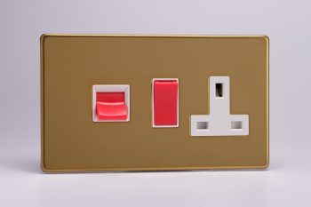 Varilight Flat Plate Screwless Polished Brass 45A Cooker Panel with 13A Double Pole Switched Socket Outlet (Red Rocker)