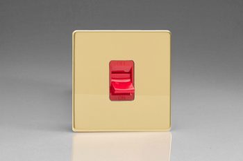 Varilight Flat Plate Screwless Polished Brass 45A Cooker Switch (Single Plate, Red Rocker)