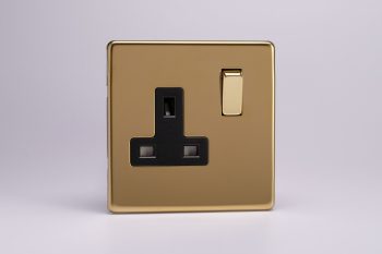 Varilight Flat Plate Screwless Polished Brass 1-Gang 13A Double Pole Switched Socket with Metal Rockers