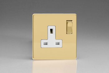 Varilight Flat Plate Screwless Polished Brass 1-Gang 13A Double Pole Switched Socket with Metal Rockers