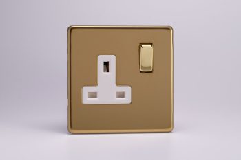 Varilight Flat Plate Screwless Polished Brass 1-Gang 13A Double Pole Switched Socket with Metal Rockers