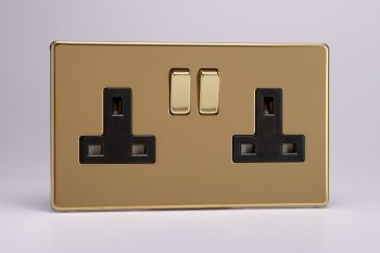 Varilight Flat Plate Screwless Polished Brass 2-Gang 13A Double Pole Switched Socket with Metal Rockers
