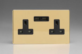 Varilight Flat Plate Screwless Polished Brass 2-Gang 13A Unswitched Socket + 2 5V DC 2100mA USB Charging Ports