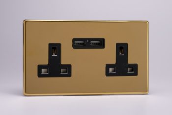 Varilight Flat Plate Screwless Polished Brass 2-Gang 13A Unswitched Socket + 2 5V DC 2100mA USB Charging Ports