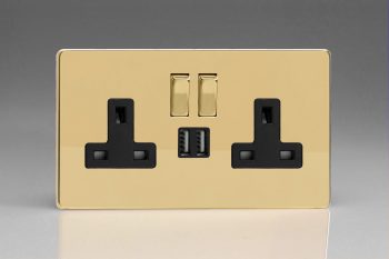 Varilight Flat Plate Screwless Polished Brass 2-Gang 13A Single Pole Switched Socket with Metal Rockers + 2x5V DC 2100mA USB Charging Ports