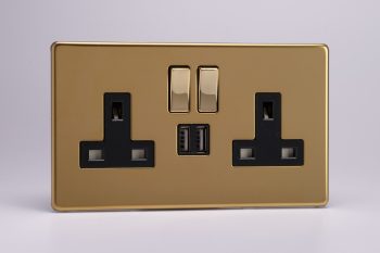 Varilight Flat Plate Screwless Polished Brass 2-Gang 13A Single Pole Switched Socket with Metal Rockers + 2x5V DC 2100mA USB Charging Ports