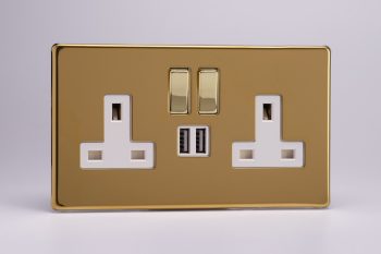 Varilight Flat Plate Screwless Polished Brass 2-Gang 13A Single Pole Switched Socket with Metal Rockers + 2 5V DC 2100mA USB Charging Ports