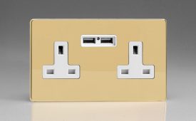 Varilight Flat Plate Screwless Polished Brass 2-Gang 13A Unswitched Socket + 2 5V DC 2100mA USB Charging Ports