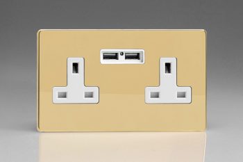 Varilight Flat Plate Screwless Polished Brass 2-Gang 13A Unswitched Socket + 2 5V DC 2100mA USB Charging Ports