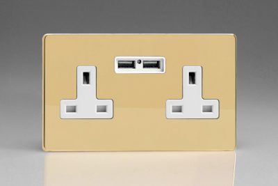 Varilight Flat Plate Screwless Polished Brass 2-Gang 13A Unswitched Socket + 2 5V DC 2100mA USB Charging Ports