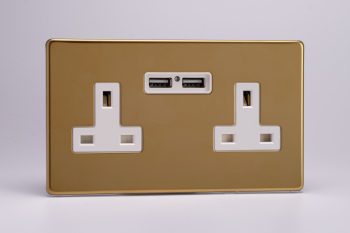 Varilight Flat Plate Screwless Polished Brass 2-Gang 13A Unswitched Socket + 2 5V DC 2100mA USB Charging Ports