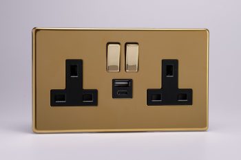 Varilight Flat Plate Screwless Polished Brass 2-Gang 13A Single Pole Switched Socket with 1x USB A & 1x USB C Charging Ports