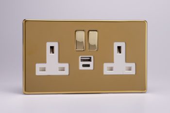 Varilight Flat Plate Screwless Polished Brass 2-Gang 13A Single Pole Switched Socket with 1x USB A & 1x USB C Charging Ports