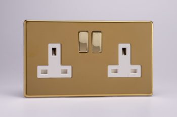 Varilight Flat Plate Screwless Polished Brass 2-Gang 13A Double Pole Switched Socket with Metal Rockers
