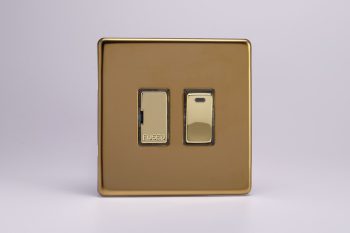 Varilight Flat Plate Screwless Polished Brass 13A Switched Fused Spur + Neon with Metal Inserts