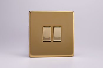 Varilight Flat Plate Screwless Polished Brass 2-Gang 10A Intermediate Rocker Switch